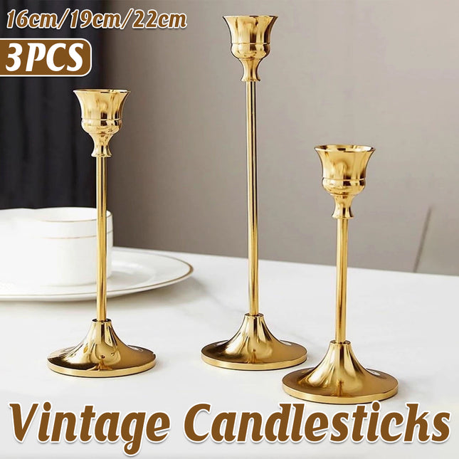 3 Pcs Vintage Candlesticks Set in Gold Metal with Different Heights