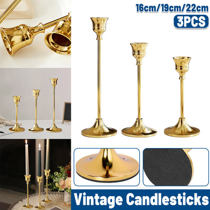 3 Pcs Vintage Candlesticks Set in Gold Metal with Different Heights