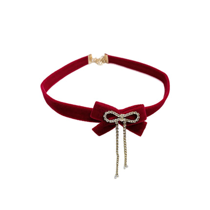 Fashion Red Bows Necklace Diamond Pendant Collar Chain Velvets Bowknot Jewelry