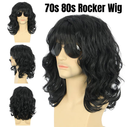 Mens Curly Wig 70s80s Style Medium Length Hair Costume Party Rock Star Look