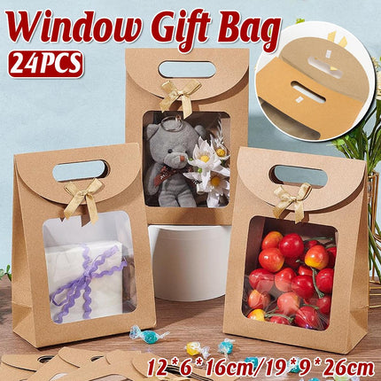 24PCS Kraft Paper Gift Bag Window Handheld Bow Clamshell Packaging Shopping Bag