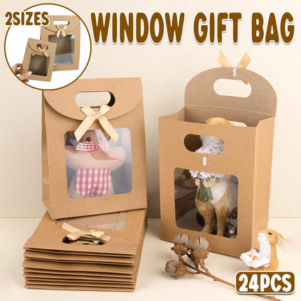 24PCS Kraft Paper Gift Bag Window Handheld Bow Clamshell Packaging Shopping Bag
