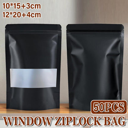 50pcs Black Food Storage Window Self Sealing Bags Plastic Packaging Pouches