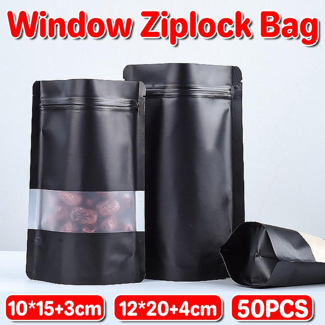 50pcs Black Food Storage Window Self Sealing Bags Plastic Packaging Pouches
