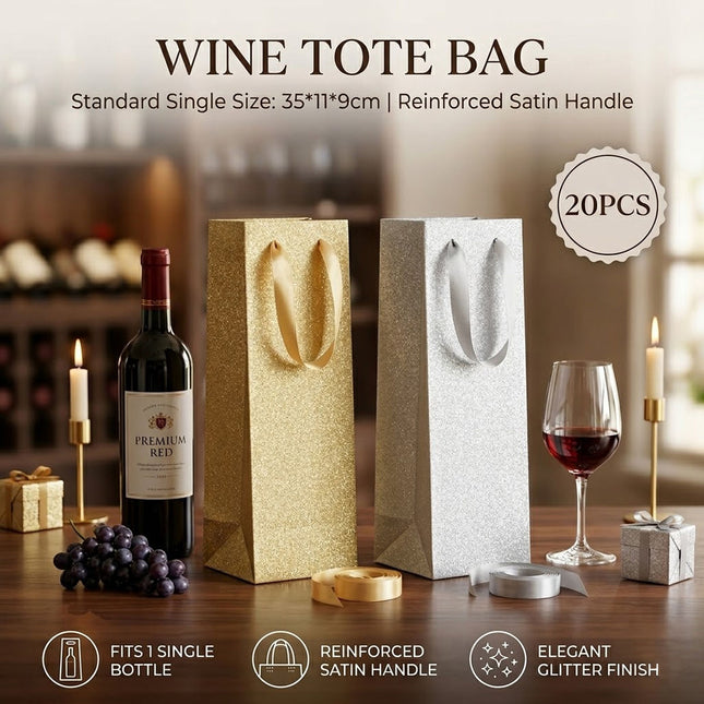 Glitter Wine Bottle Gift Bags 20 Pack Gold or Silver