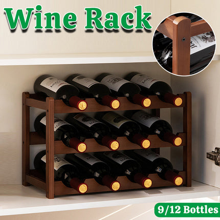 Bamboo Wooden Wine Rack 9 or 12 Bottle Organizer Storage Display Stand Home Decor