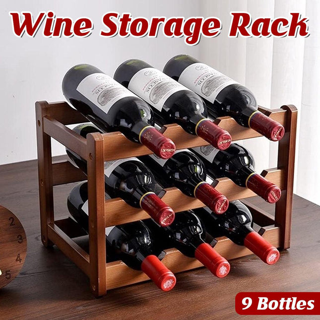 Bamboo Wooden Wine Rack 9 Bottle Organizer Storage Display Stand Home Decor