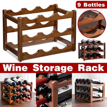 Bamboo Wooden Wine Rack 9 Bottle Organizer Storage Display Stand Home Decor