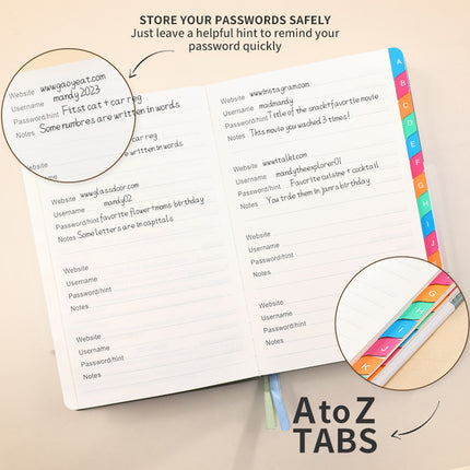 A5 Password Book with Alphabetical Tabs For Internet Account login Password