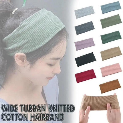 Women Headband Solid Wide Turban Knitted Cotton Hairband Girls Elastic Hair Band - Aimall
