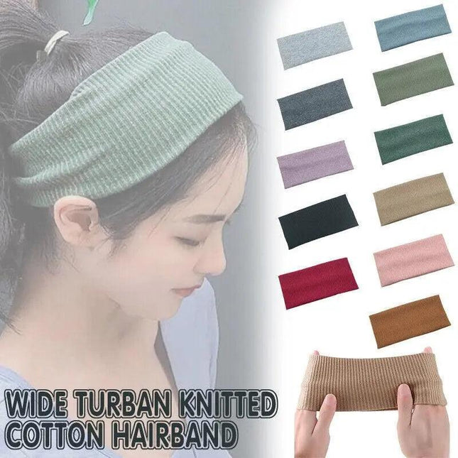 Women Headband Solid Wide Turban Knitted Cotton Hairband Girls Elastic Hair Band - Aimall
