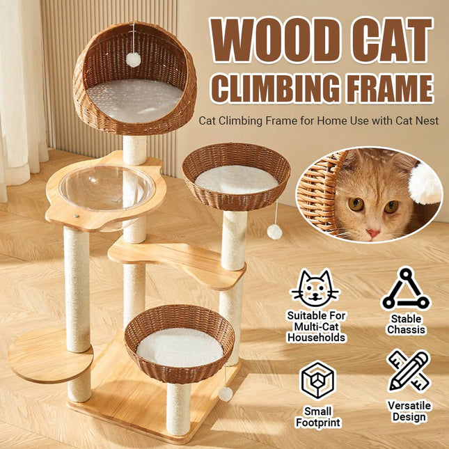 5-Tier Wooden Cat Tree Tower 127cm with Dome Bed Space Capsule and Sisal Posts
