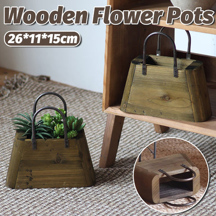 26cm Handbag Shape Flower Pot with Metal Handles in Natural Wood