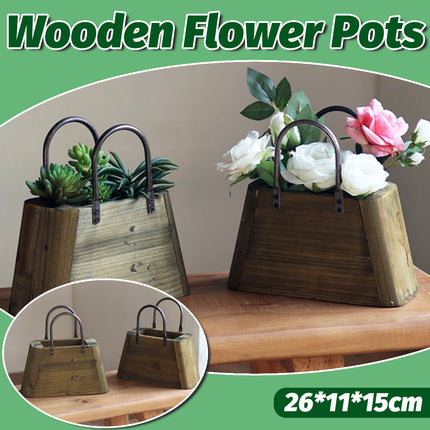 26cm Handbag Shape Flower Pot with Metal Handles in Natural Wood