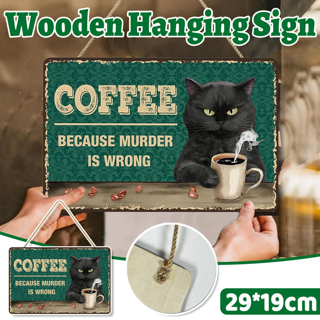 Vintage Cat Coffee Sign Wall Decoration Wooden Hanging Sign for Home Café Bar