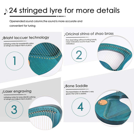 Solid Wood Veneer Laiya 24-String Harp Basic Model Beginner Music Instrument