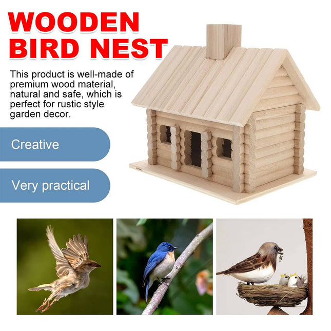 Rustic Log Cabin Wooden Bird House Outdoor Garden Nesting Box Decor Ornament