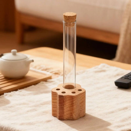 Solid Wood Cat Whisker Keepsake Holder with Glass Tube - Paw Base