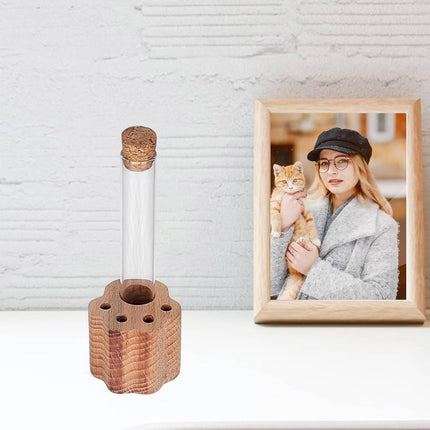 Solid Wood Cat Whisker Keepsake Holder with Glass Tube - Paw Base