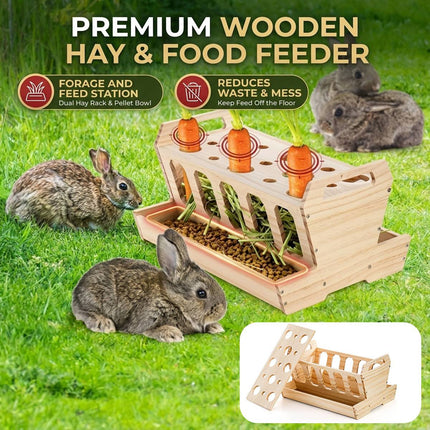 Wooden Rabbit Hay Feeder with Carrot Holes and Bowl