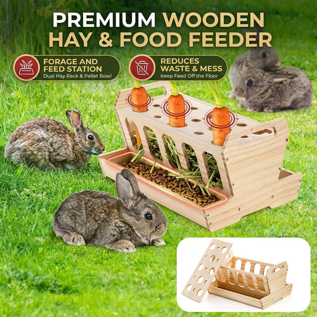 Wooden Rabbit Hay Feeder with Carrot Holes and Bowl