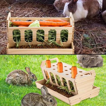 Wooden Rabbit Hay Feeder with Carrot Holes and Bowl