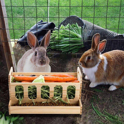 Wooden Rabbit Hay Feeder with Carrot Holes and Bowl