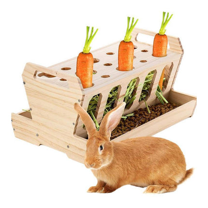 Wooden Rabbit Hay Feeder with Carrot Holes and Bowl