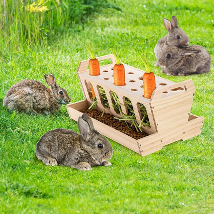 Wooden Rabbit Hay Feeder with Carrot Holes and Bowl