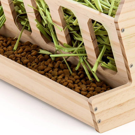 Wooden Rabbit Hay Feeder with Carrot Holes and Bowl