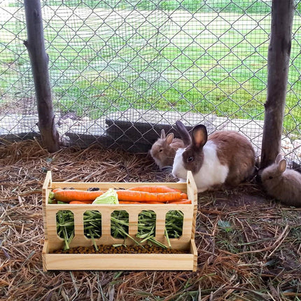 Wooden Rabbit Hay Feeder with Carrot Holes and Bowl