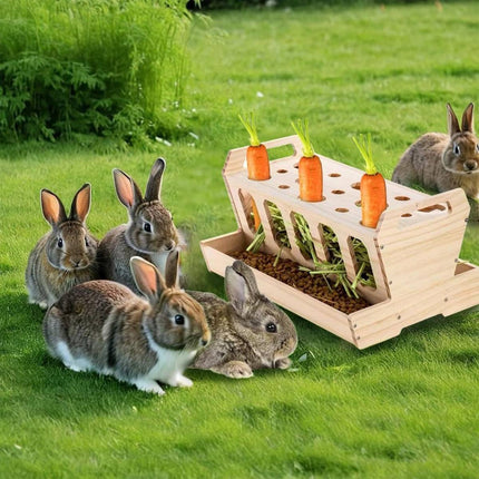 Wooden Rabbit Hay Feeder with Carrot Holes and Bowl