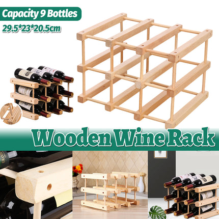 Wine Rack Wooden Storage Stand 9 Bottle Timber Cellar Holder Organizer Shelf