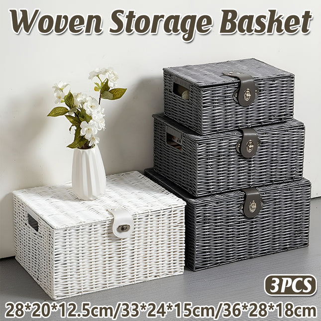 Rattan Storage Basket 3pcs Woven With Lid Natural Household Toys Snack Organizer