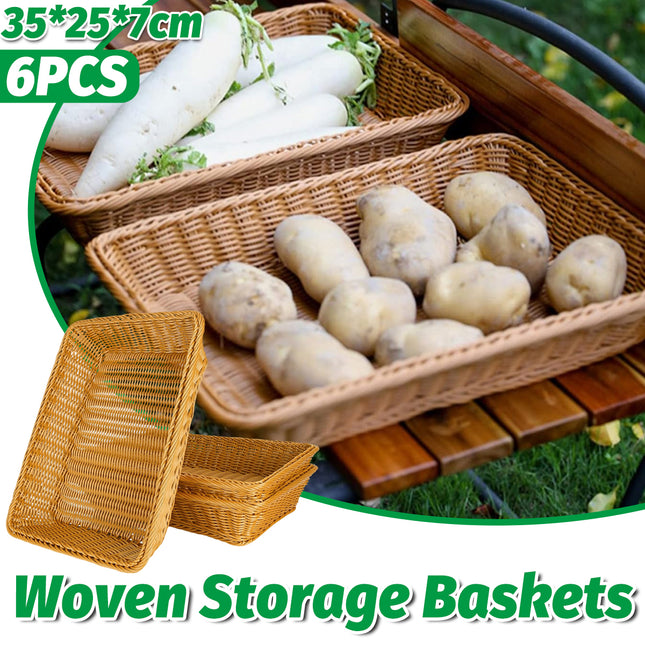 6PCS Woven Storage Baskets Rectangular PP Rattan Style Organiser for Home Shelf