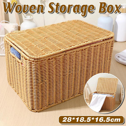 Storage Box Bedroom Organizer Faux Rattan Woven Basket with Lid Home