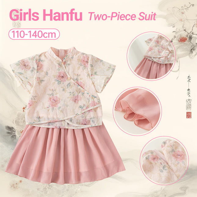 Pink Hanfu Two-Piece Summer Dress Traditional Floral Girl Suit Outfit