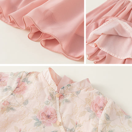 Pink Hanfu Two-Piece Summer Dress Traditional Floral Girl Suit Outfit