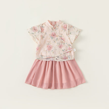 Pink Hanfu Two-Piece Summer Dress Traditional Floral Girl Suit Outfit