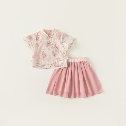 Pink Hanfu Two-Piece Summer Dress Traditional Floral Girl Suit Outfit