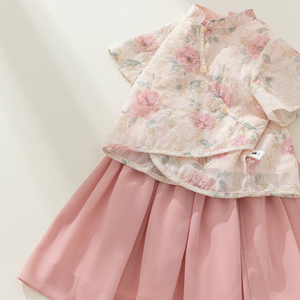 Pink Hanfu Two-Piece Summer Dress Traditional Floral Girl Suit Outfit