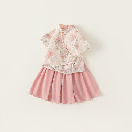 Pink Hanfu Two-Piece Summer Dress Traditional Floral Girl Suit Outfit
