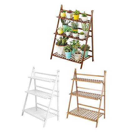 Balcony Plant Stand 3-Layer Wooden Flower Pot Corner Stand White Log Foldable