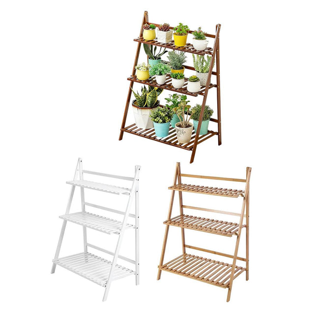 Balcony Plant Stand 3-Layer Wooden Flower Pot Corner Stand White Log Foldable