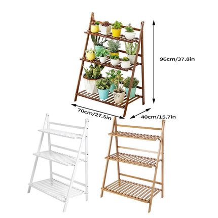 Balcony Plant Stand 3-Layer Wooden Flower Pot Corner Stand White Log Foldable