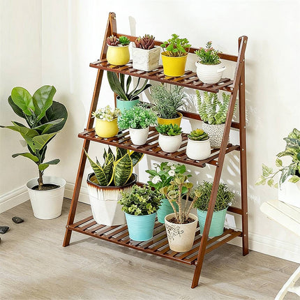 Balcony Plant Stand 3-Layer Wooden Flower Pot Corner Stand White Log Foldable