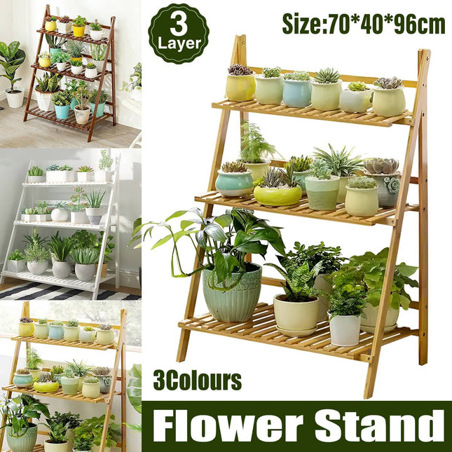 Balcony Plant Stand 3-Layer Wooden Flower Pot Corner Stand White Log Foldable