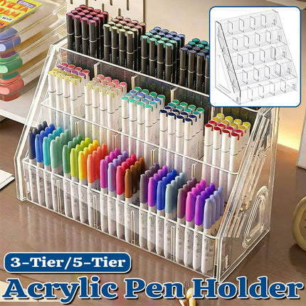 3/5 Tier Large Capacity Clear Acrylic Divided Pen Holder Desktop Pen Organizer