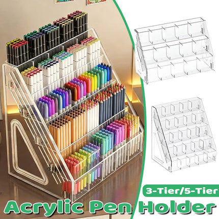 3/5 Tier Large Capacity Clear Acrylic Divided Pen Holder Desktop Pen Organizer
