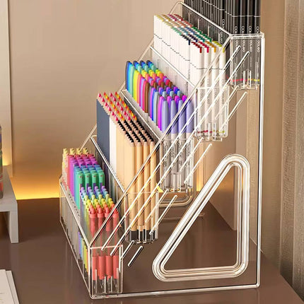 3/5 Tier Large Capacity Clear Acrylic Divided Pen Holder Desktop Pen Organizer